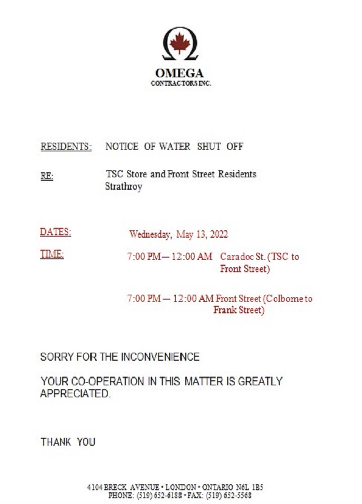 Canada Ontario Omega Contractors Inc. water utility bill shutoff notice